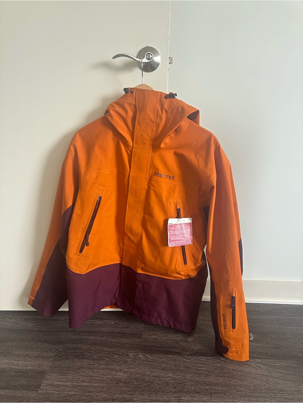 Marmot Spire jacket, Orange and Burgundy Ski Jacket with Hood, Medium, Gore-Tex